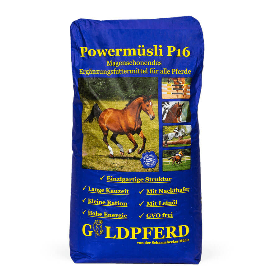Scharnebecker Mühle - Goldpferd Power Müsli P16 - Magenschonendes Pferdemüsli mit Nackthafer